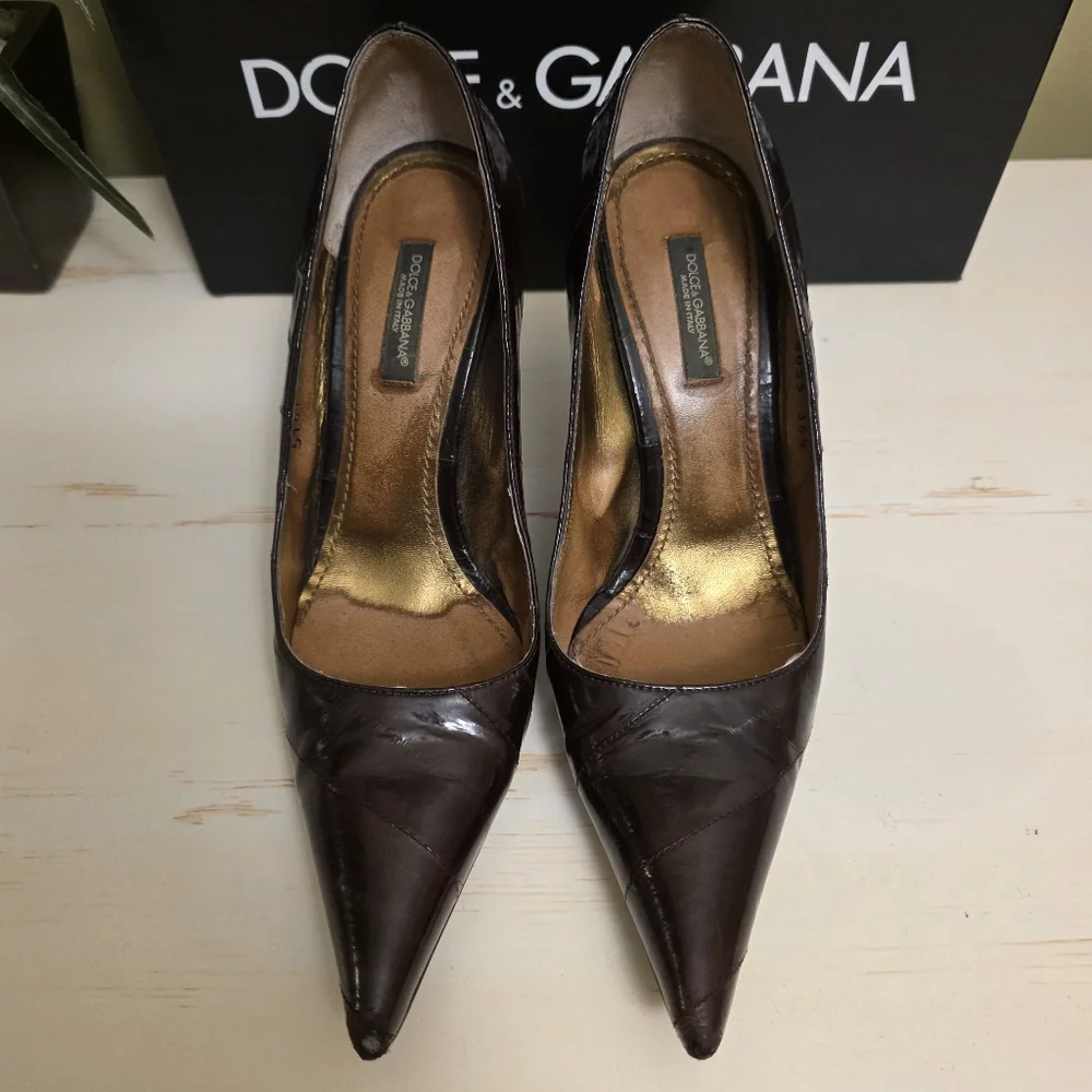 Dolce & Gabbana | Dark Brown Leather Pointed-Toe Pumps Sz 36.5 - Picture 4 of 12